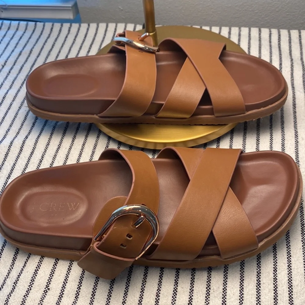 Women's Tan J Crew Criss Cross Buckle Slides Size 10